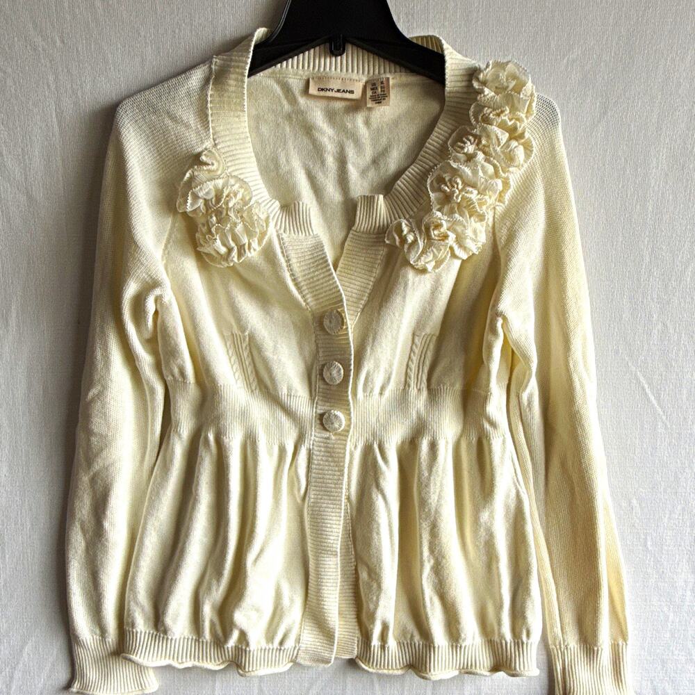 DKNY JEANS Ivory 100% Cotton Knit Button-Front V-Neck Cardigan Sweater XL